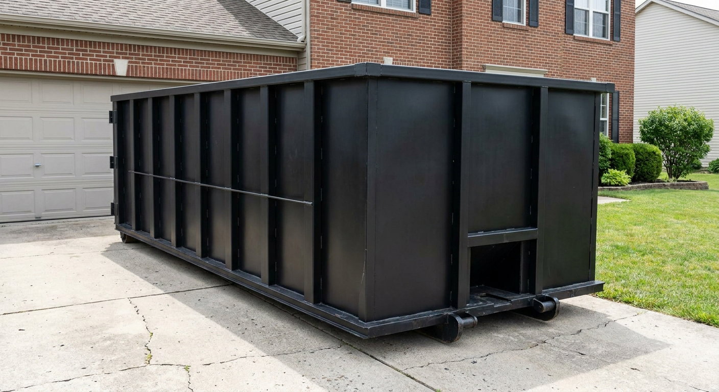 Matte-black 20-yard roll-off container on a Alexandria residential concrete driveway with reinforced ribbed steel sidewalls and a hinged rear walk-in door, clean bright daylight.