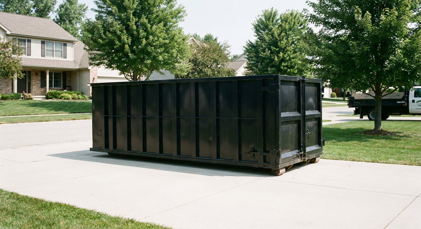Matte-black 20-yard roll-off dumpster sitting level on a clean Alexandria residential concrete driveway under bright daylight, demonstrating clean placement directly on the concrete.