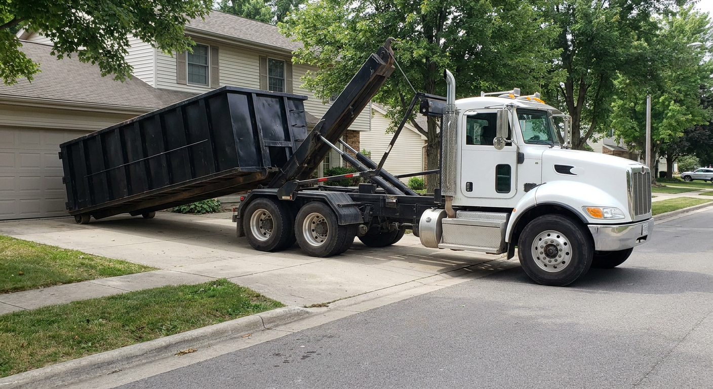 White-cab hooklift roll-off truck actively lowering a matte-black dumpster onto a Alexandria residential concrete driveway, the dumpster's rear wheels touching the driveway as the hoist arm tilts the bed forward, mid-morning daylight.